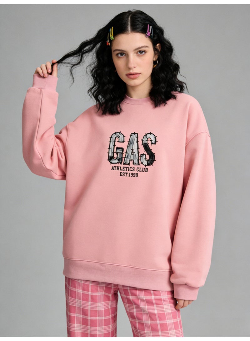 GAS Dusty Pink "GAS ATHLETICS CLUB" Distressed Letter Oversized Crew Neck Sweatshirt | Unisex Pullover With "EST.1990" Print - Image 1